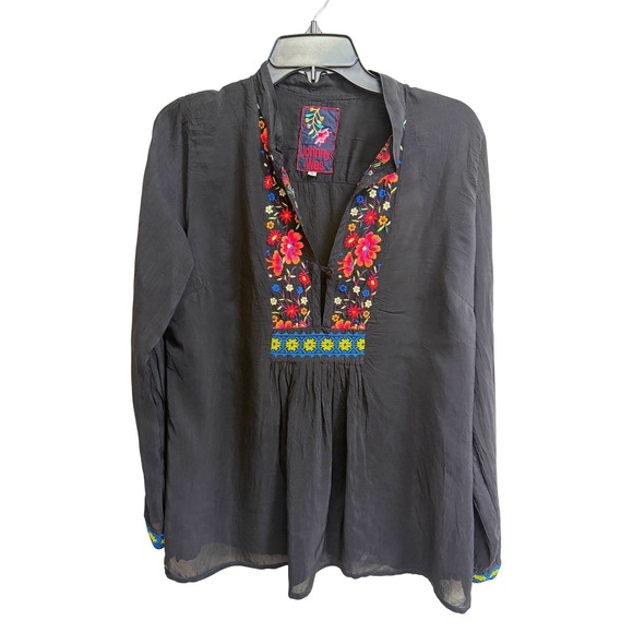 Johnny Was Black Rayon Embroidered Floral Boho Tunic Top Sz S Peasant